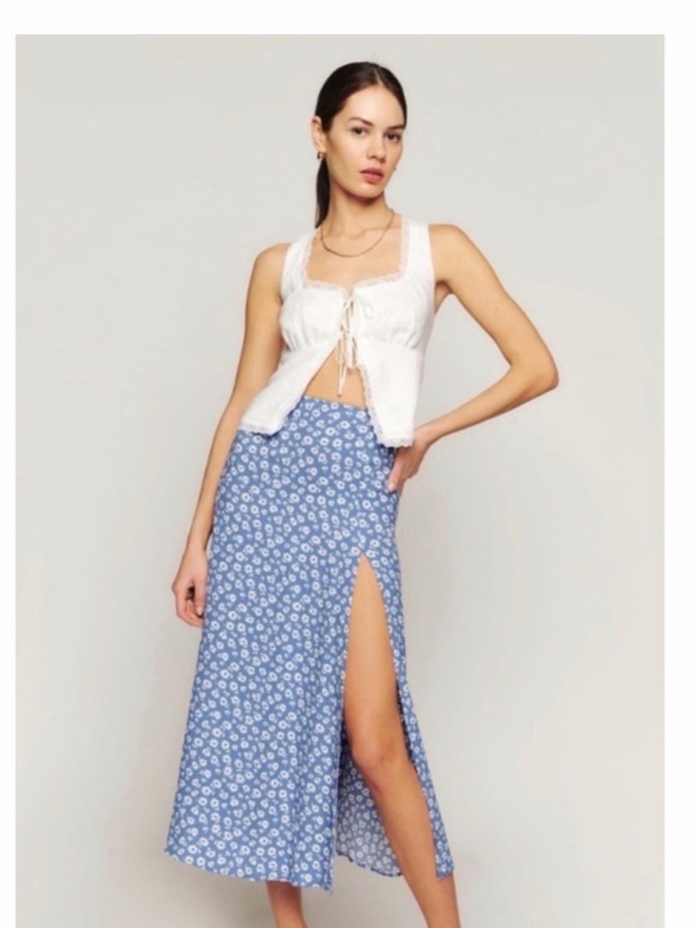 Reformation Blue Floral High-Slit Maxi Skirt in Marie print